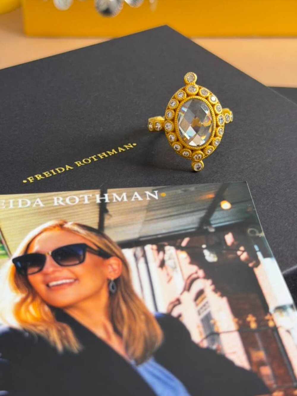 FREIDA ROTHMAN - Cocktail Ring - Oval Pineapple Cut Earrings Matte Gold Size 9.5
